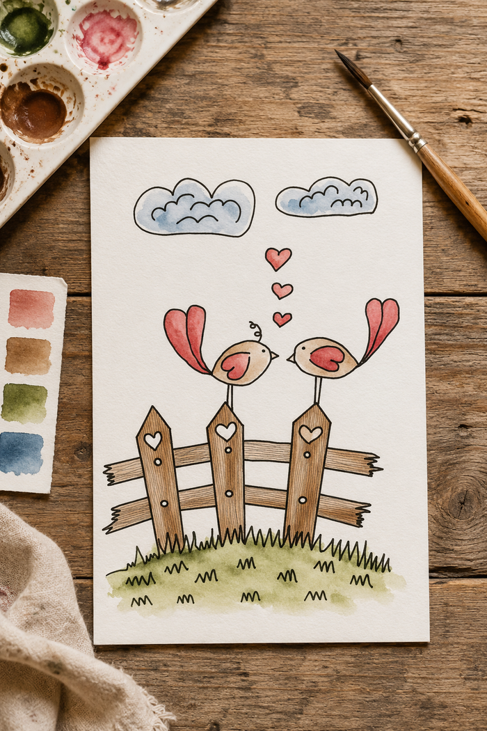 Fencepost Lovebirds watercolor print lifestyle scene