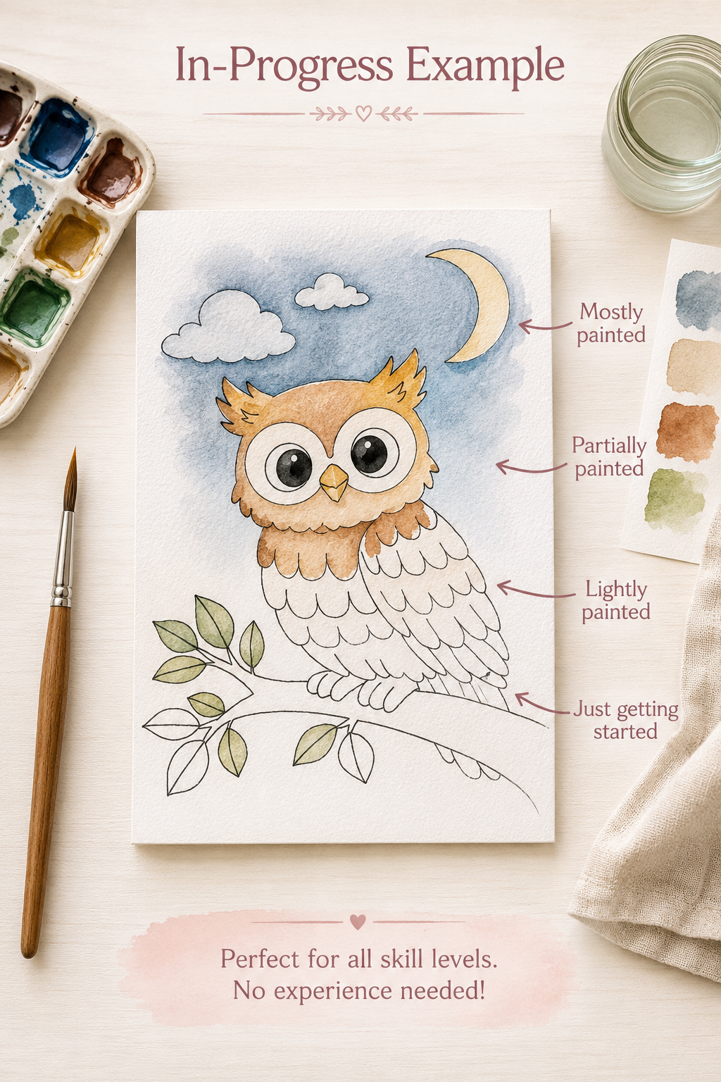 Moonlit Branch Owl watercolor print details infographic