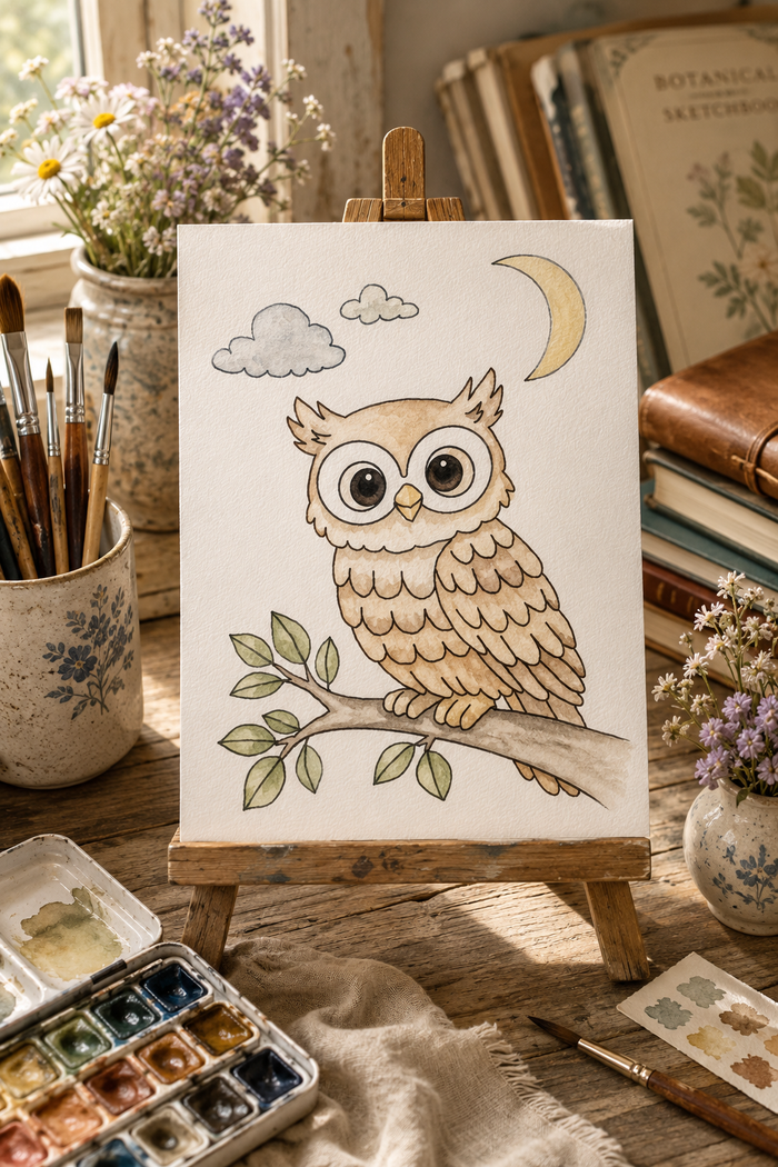 Moonlit Branch Owl watercolor print lifestyle scene