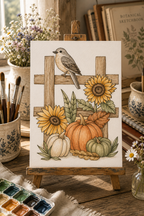 Sunflower Fence Harvest watercolor print lifestyle scene