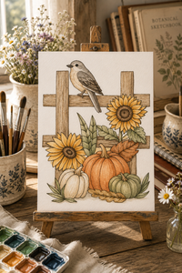 Sunflower Fence Harvest Paint-Your-Own Watercolor Print | Fall Harvest Hollow