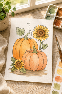Sunflower Pumpkin Stack Paint-Your-Own Watercolor Print | Fall Harvest Hollow