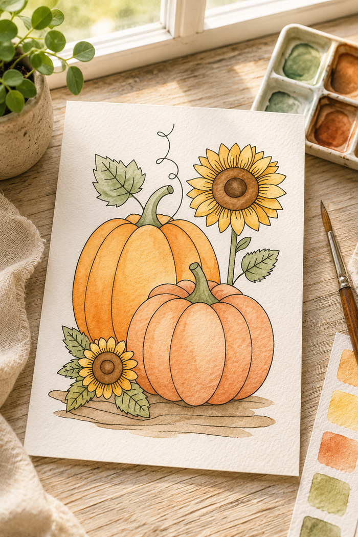 Sunflower Pumpkin Stack watercolor print lifestyle scene