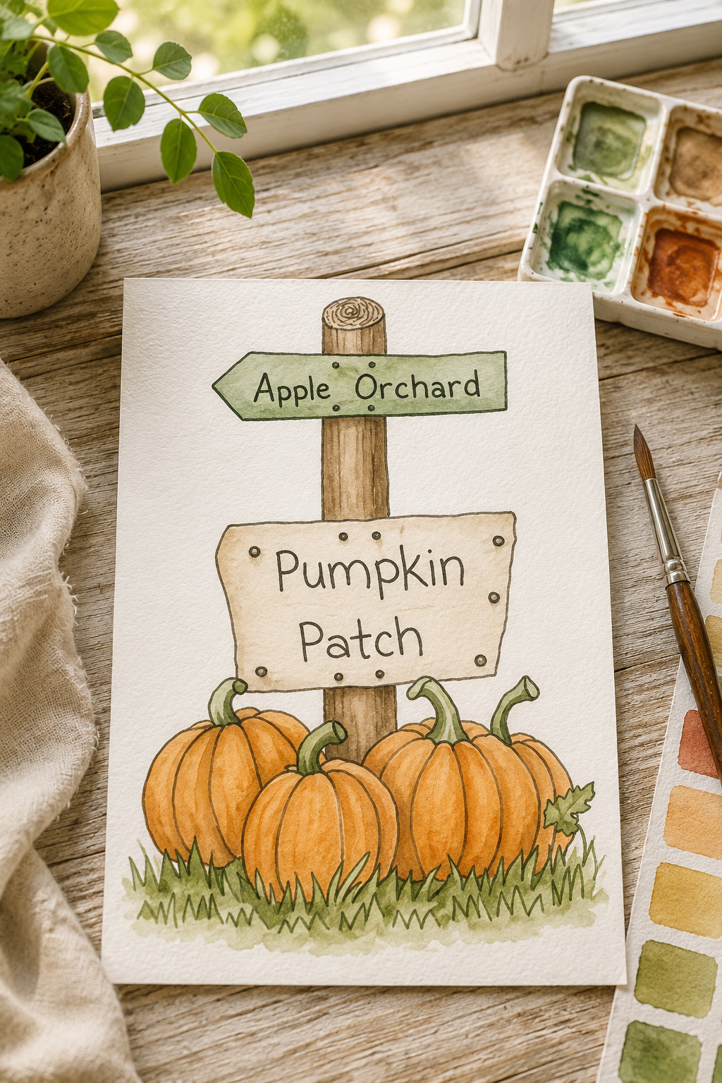 Apple Orchard Pumpkin Patch watercolor print lifestyle scene