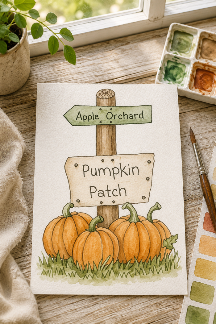 Apple Orchard Pumpkin Patch watercolor print lifestyle scene