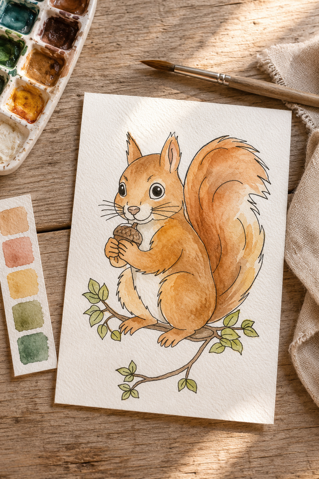 Woodland Acorn Keeper watercolor print lifestyle scene