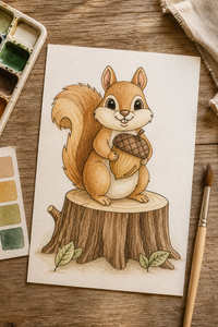 Stump Top Squirrel Paint-Your-Own Watercolor Print | Fall Harvest Hollow