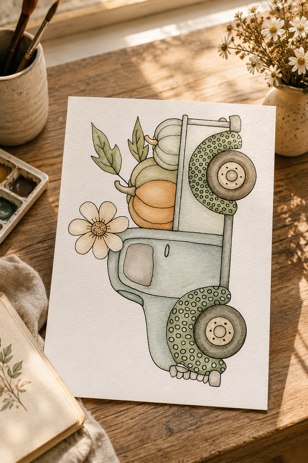 Vintage Harvest Truck watercolor print lifestyle scene
