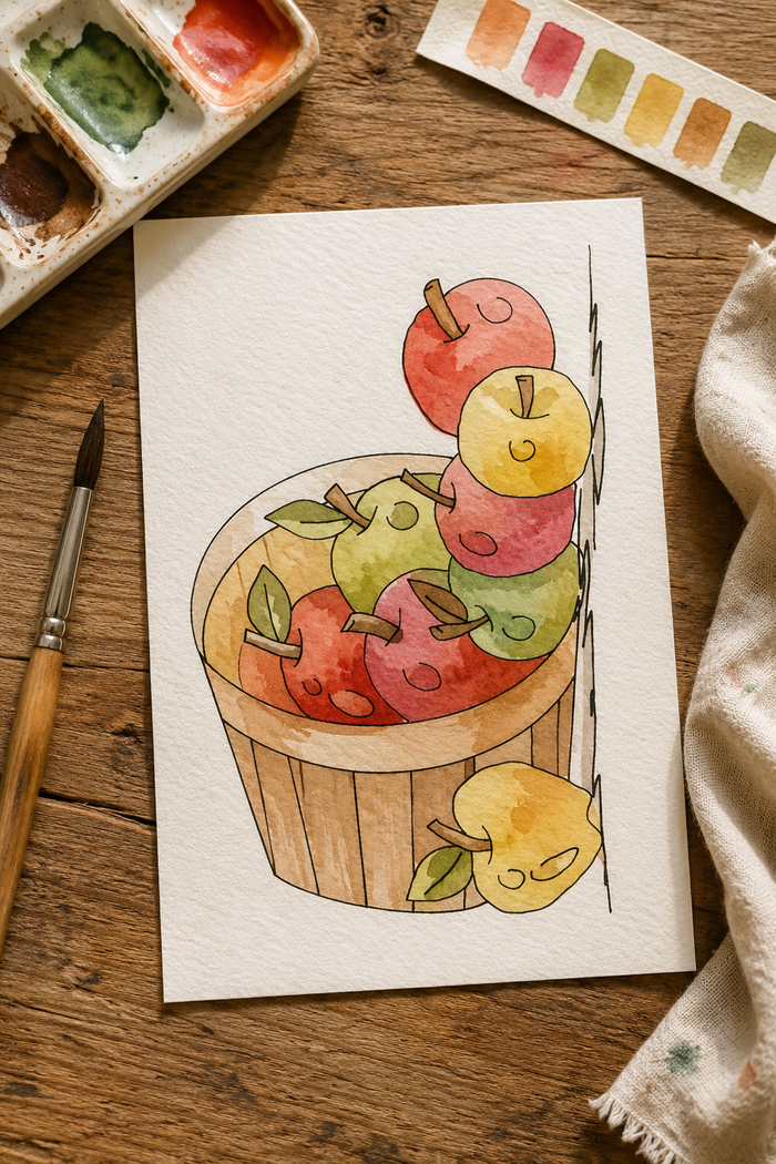 Apple Basket Gathering watercolor print lifestyle scene