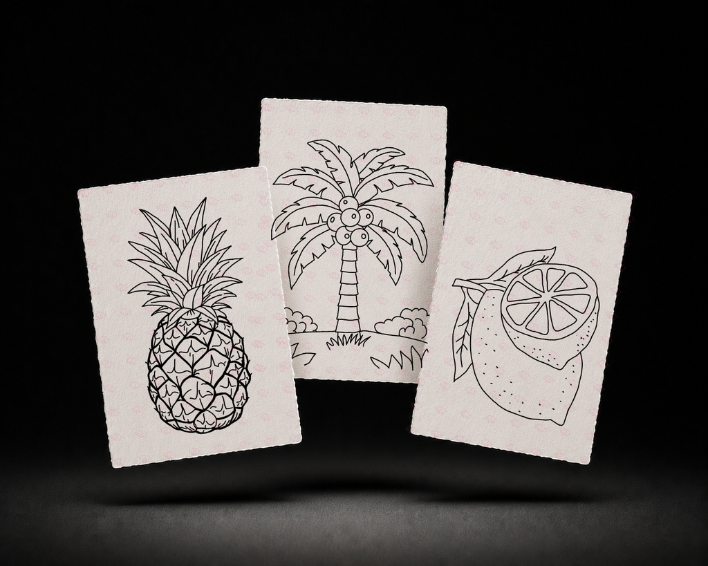 Line-art preview of the three Blooming Orchard designs, ready to paint
