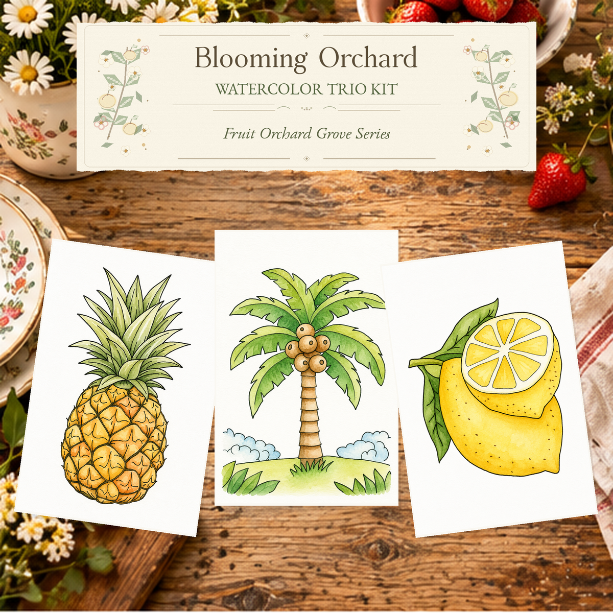 Blooming Orchard Watercolor Trio Kit with three paint-your-own orchard designs