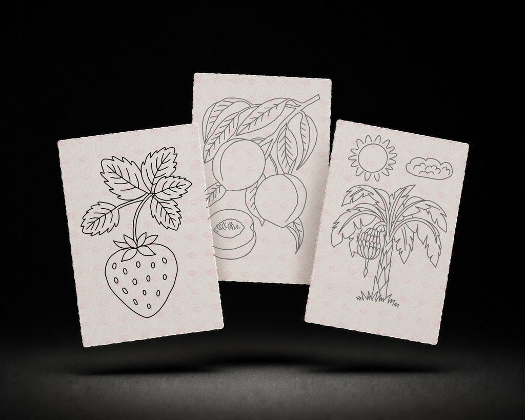 Line-art preview of the three Picnic Patch designs, ready to paint
