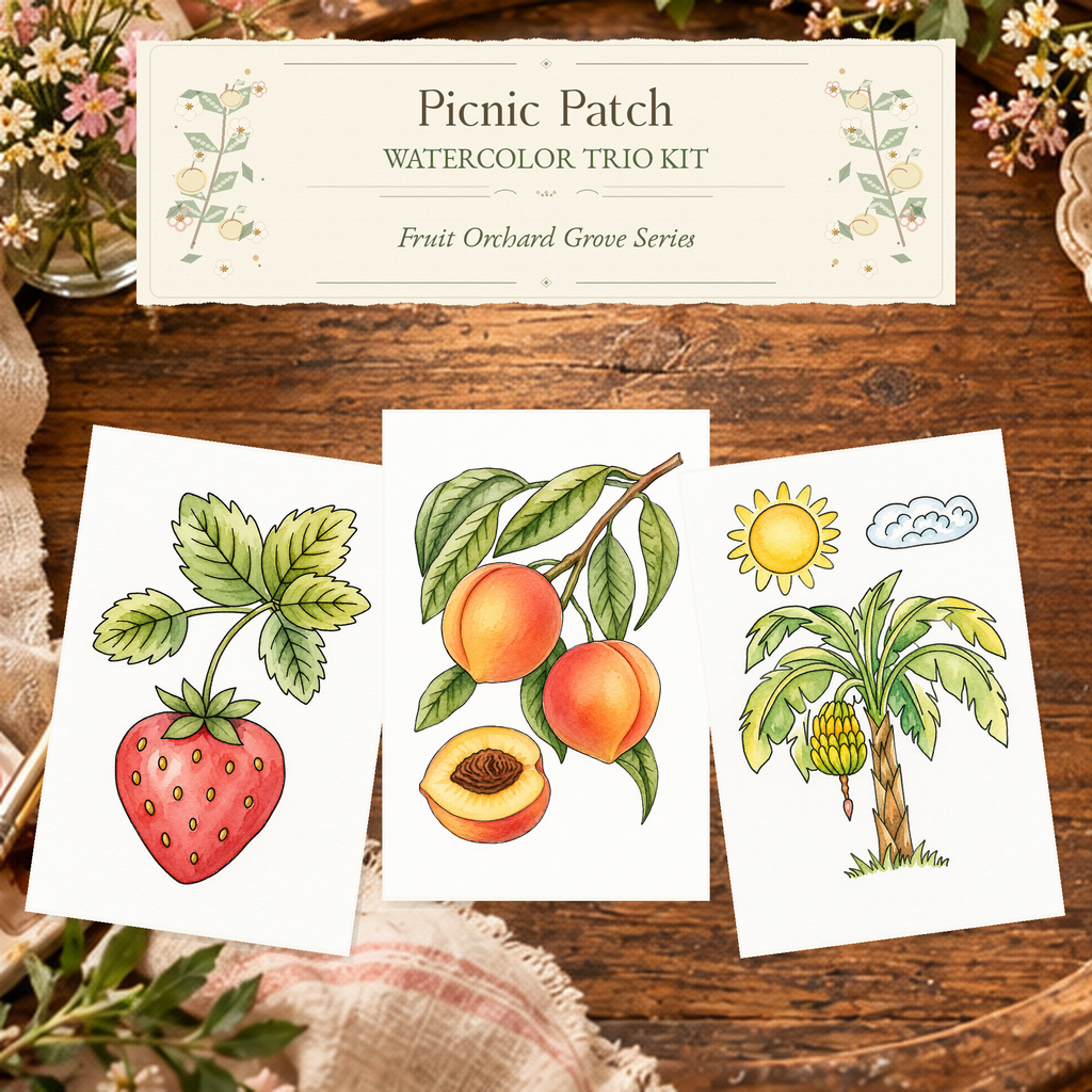 Picnic Patch Watercolor Trio Kit with three paint-your-own fruit patch designs