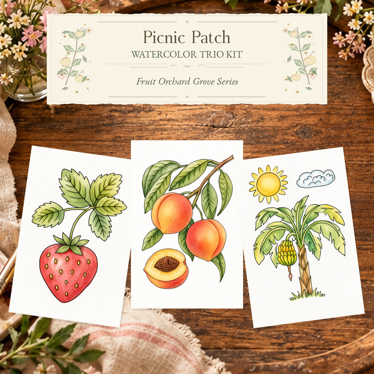 Picnic Patch Watercolor Trio Kit with three paint-your-own fruit patch designs