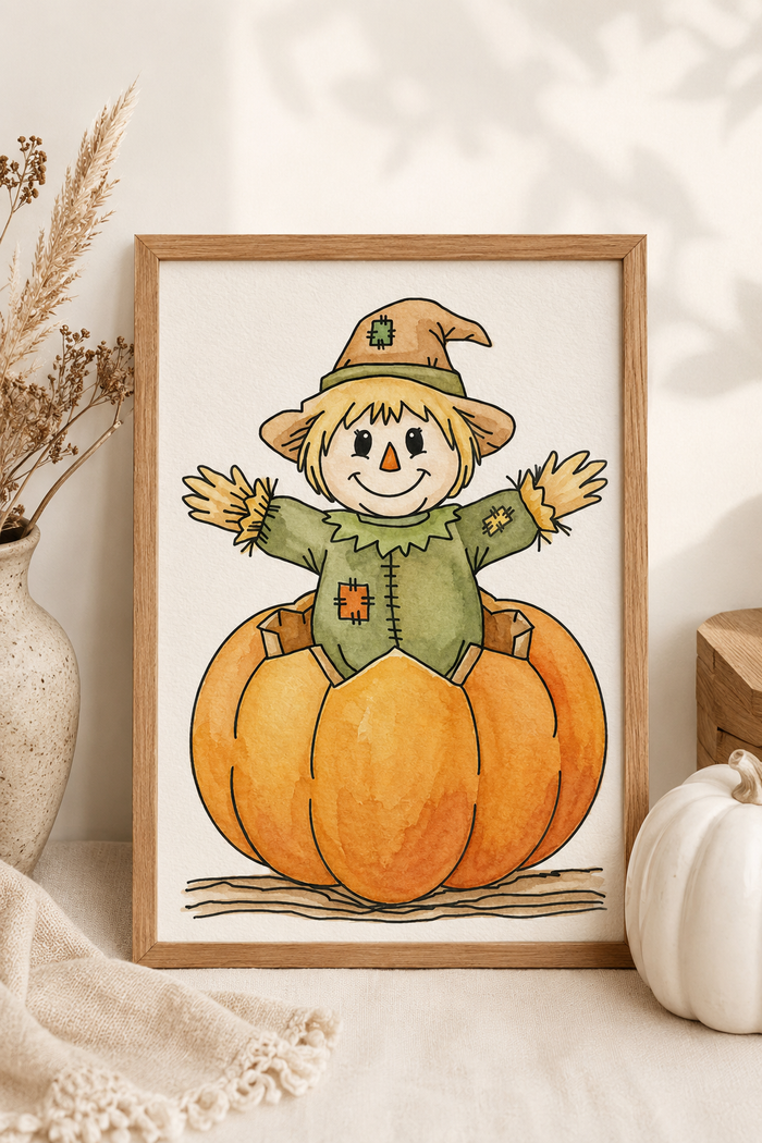 Lifestyle view of the Autumn Hearth Pumpkin watercolor print