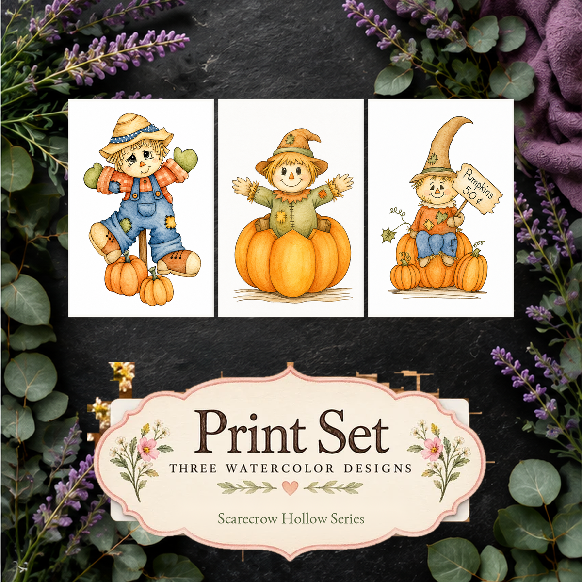 Pumpkin Patch Wishes three-design watercolor print set from Scarecrow Hollow