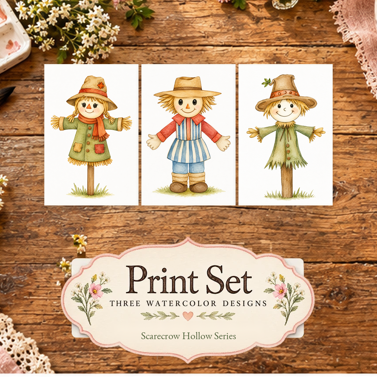 Whispering Meadow three-design watercolor print set from Scarecrow Hollow