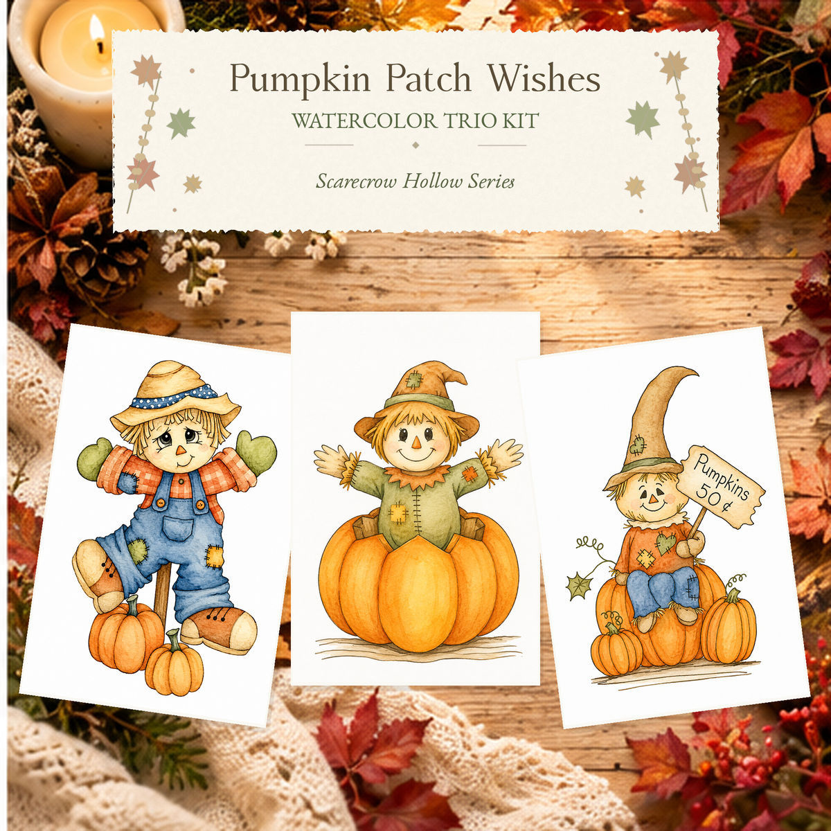 Pumpkin Patch Wishes Watercolor Trio Kit with three paint-your-own scarecrow designs