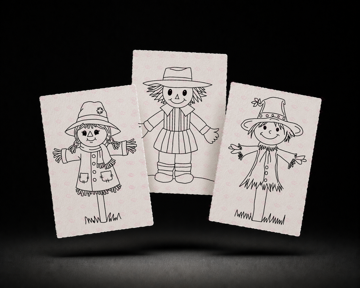 Line-art preview of the three Whispering Meadow designs, ready to paint