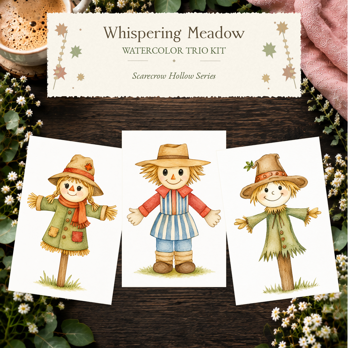 Whispering Meadow Watercolor Trio Kit with three paint-your-own scarecrow designs