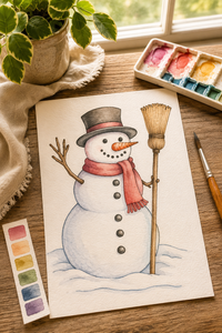 Hearthside Sweeper Paint-Your-Own Watercolor Print | Snowman