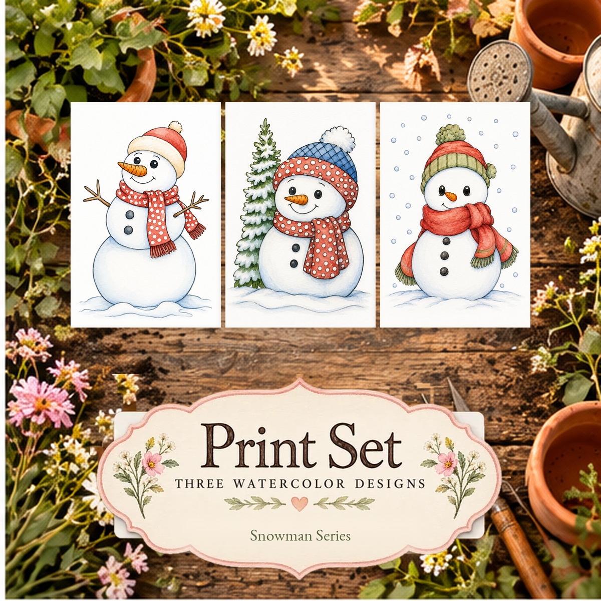 Whispering Pines watercolor print set featuring Pine Hollow Snowman, Snowfall Whisper and Cozy Scarf Hollow