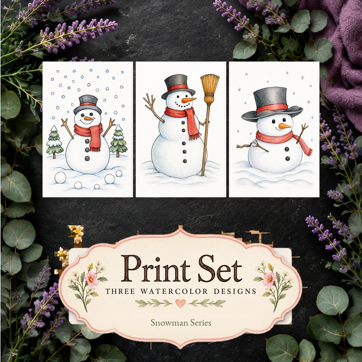 Hearthlight & Stars watercolor print set featuring Hearthside Sweeper, Velvet Topper Snowman and Snowball Meadow