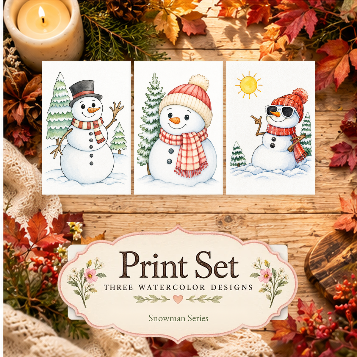 Evergreen Snowday watercolor print set featuring Evergreen Cheer, Winterberry Haven and Sunny Day Snowman