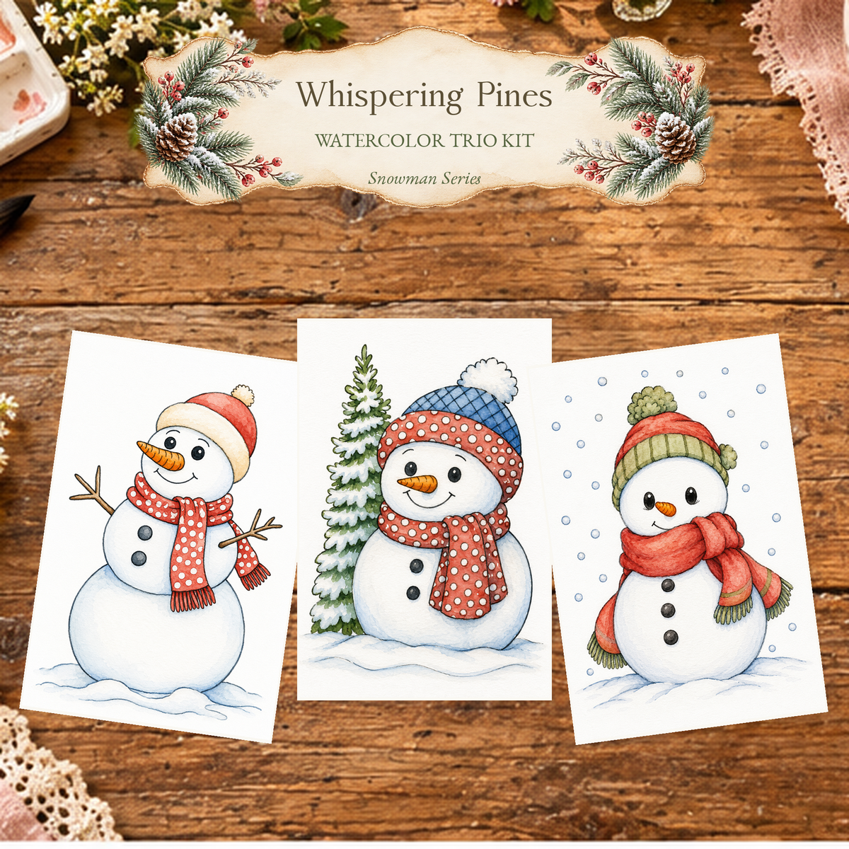 Whispering Pines watercolor trio kit featuring Pine Hollow Snowman, Snowfall Whisper and Cozy Scarf Hollow