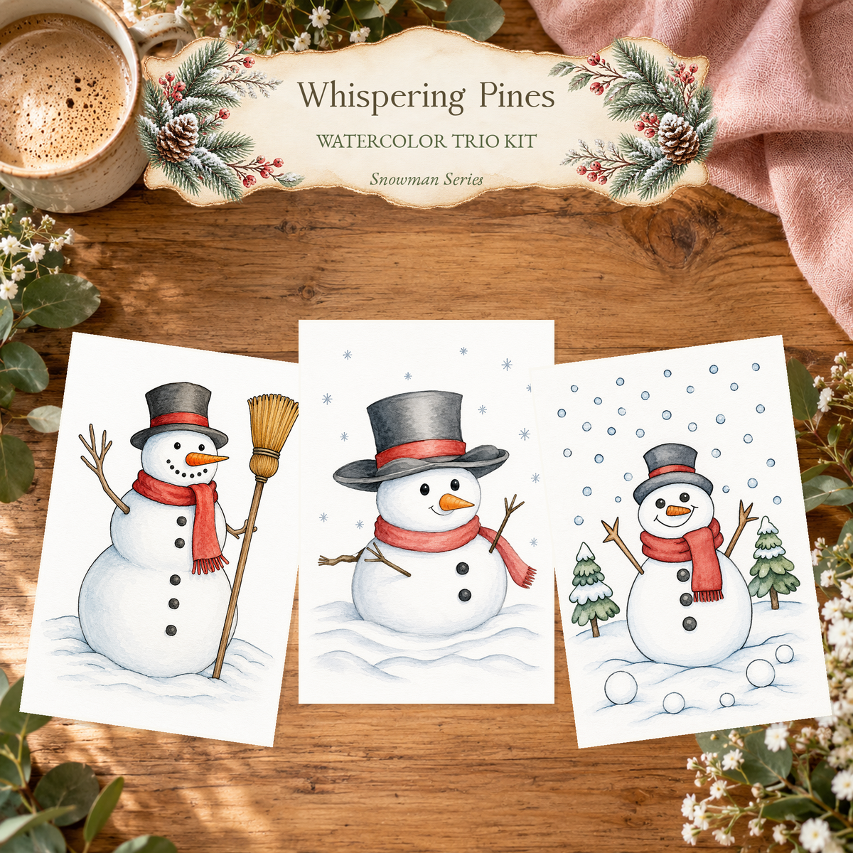 Hearth & Snowfall watercolor trio kit featuring Hearthside Sweeper, Velvet Topper Snowman and Snowball Meadow