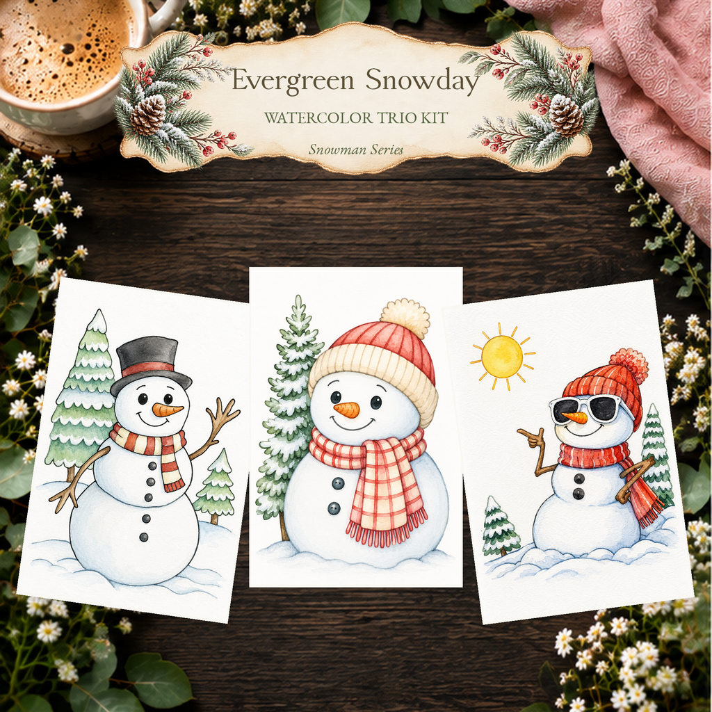 Evergreen Snowday watercolor trio kit featuring Evergreen Cheer, Winterberry Haven and Sunny Day Snowman