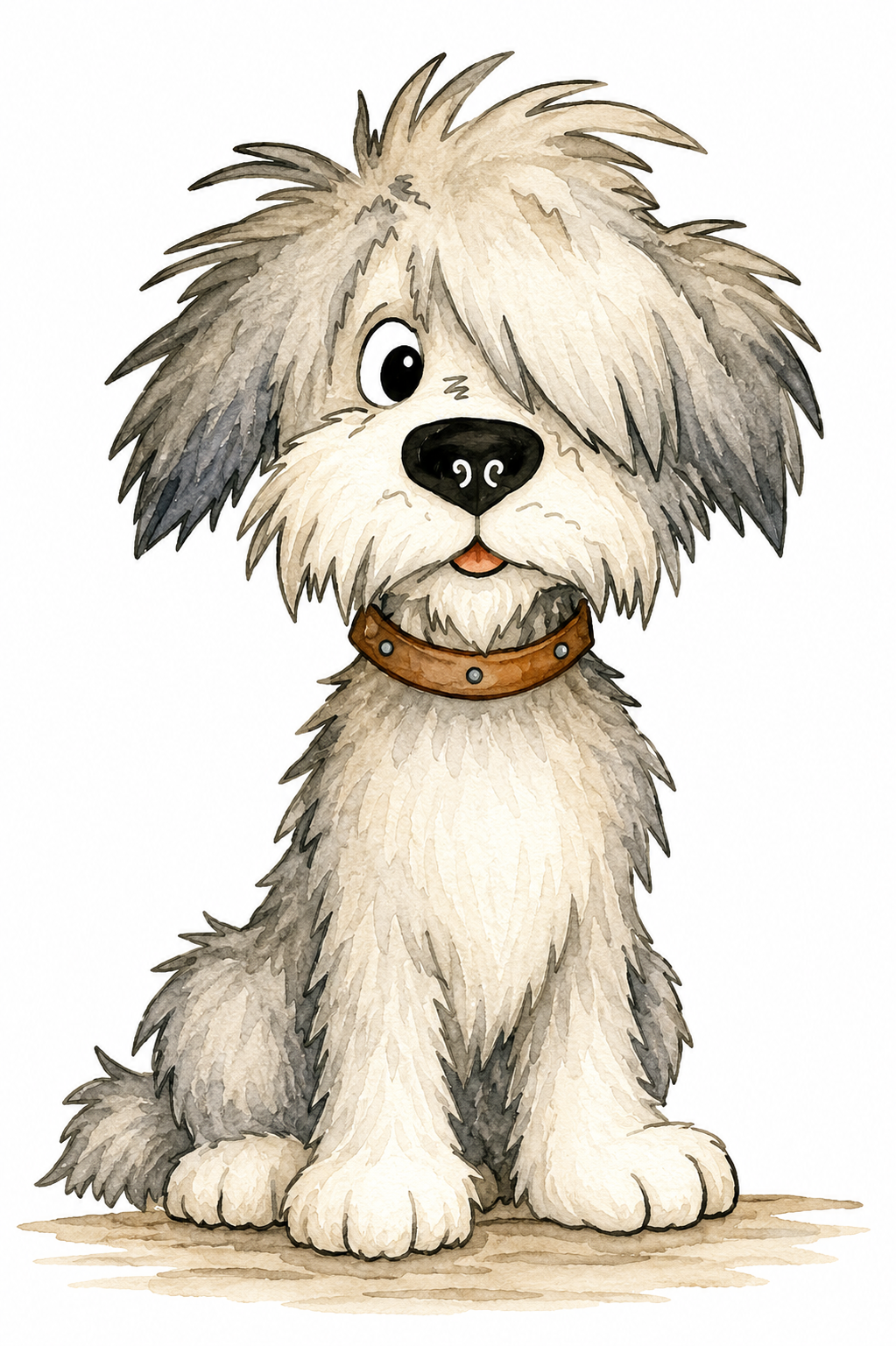 Shaggy pup watercolor artwork, painted sample