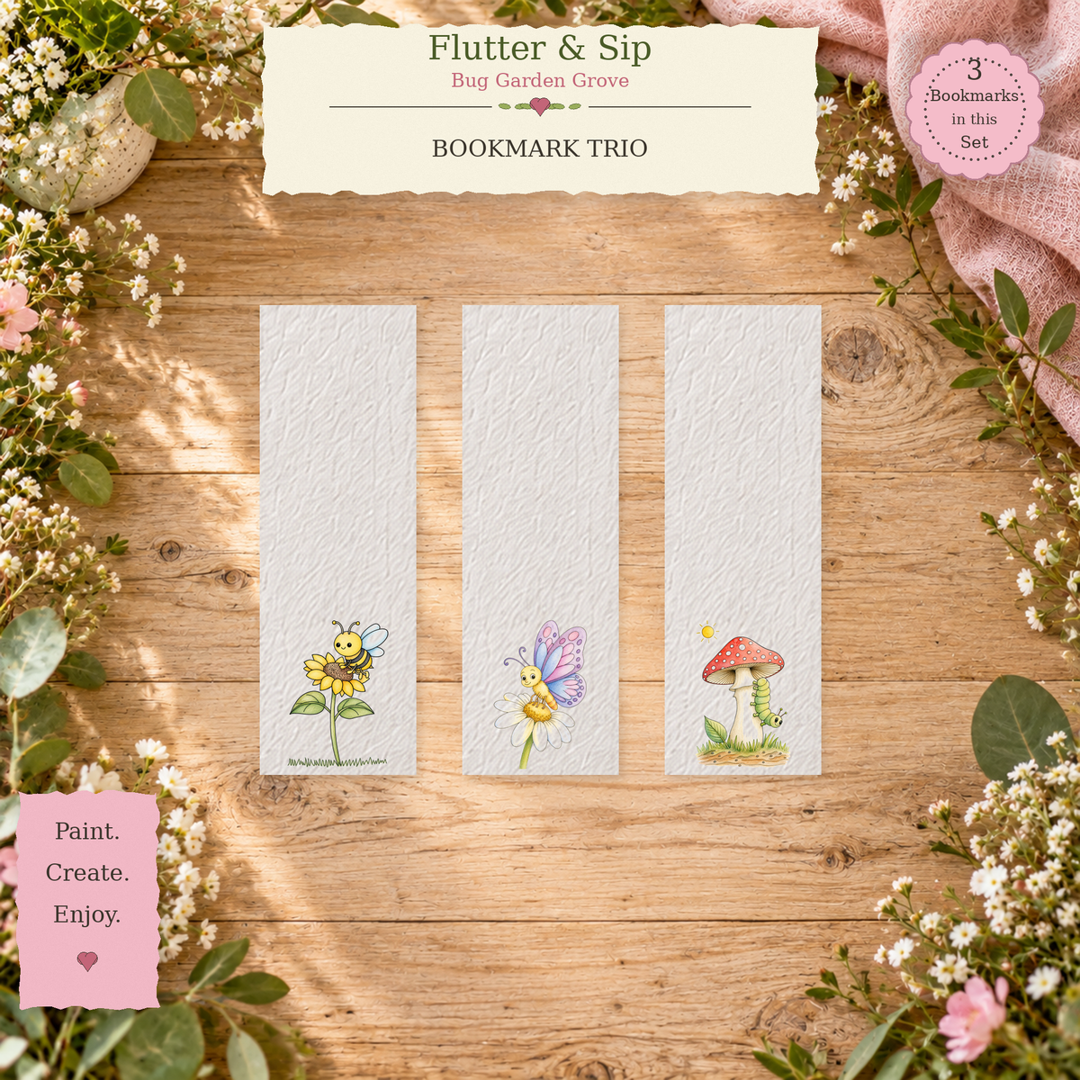 Flutter & Sip | Bug Garden Grove Watercolor Bookmark Set