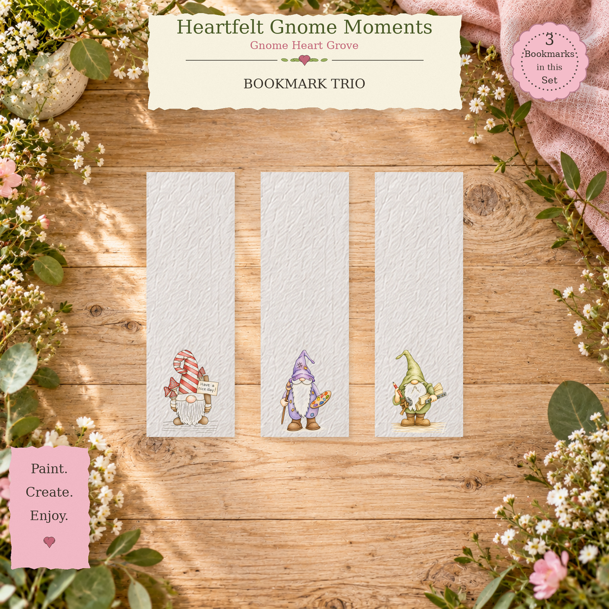 Heartfelt Gnome Moments | Gnome Heart Grove Watercolor Bookmark Set