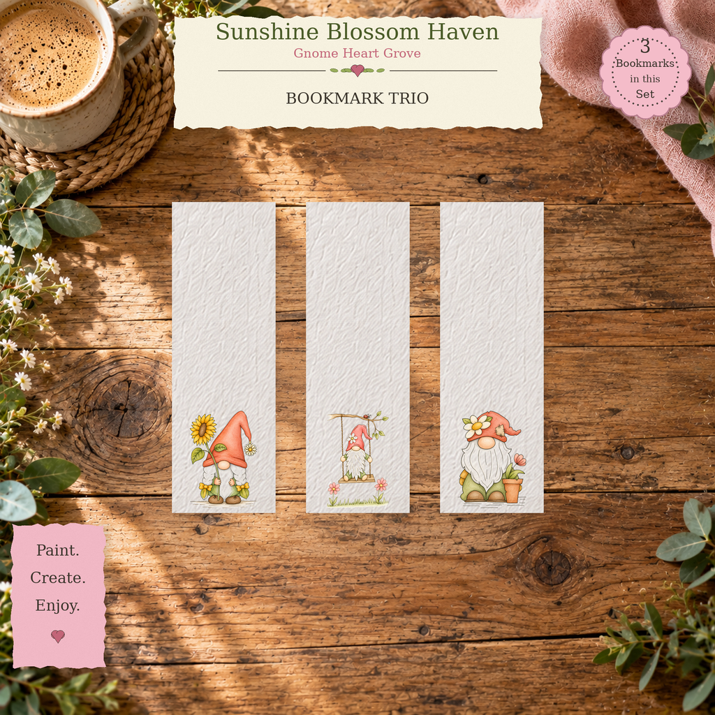 Sunshine Blossom Haven | Gnome Heart Grove Watercolor Bookmark Set
