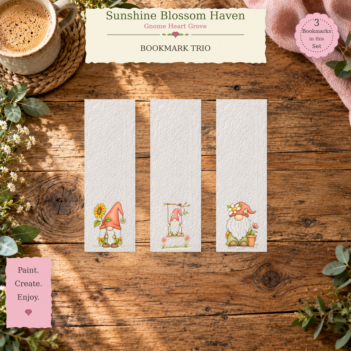Sunshine Blossom Haven | Gnome Heart Grove Watercolor Bookmark Set