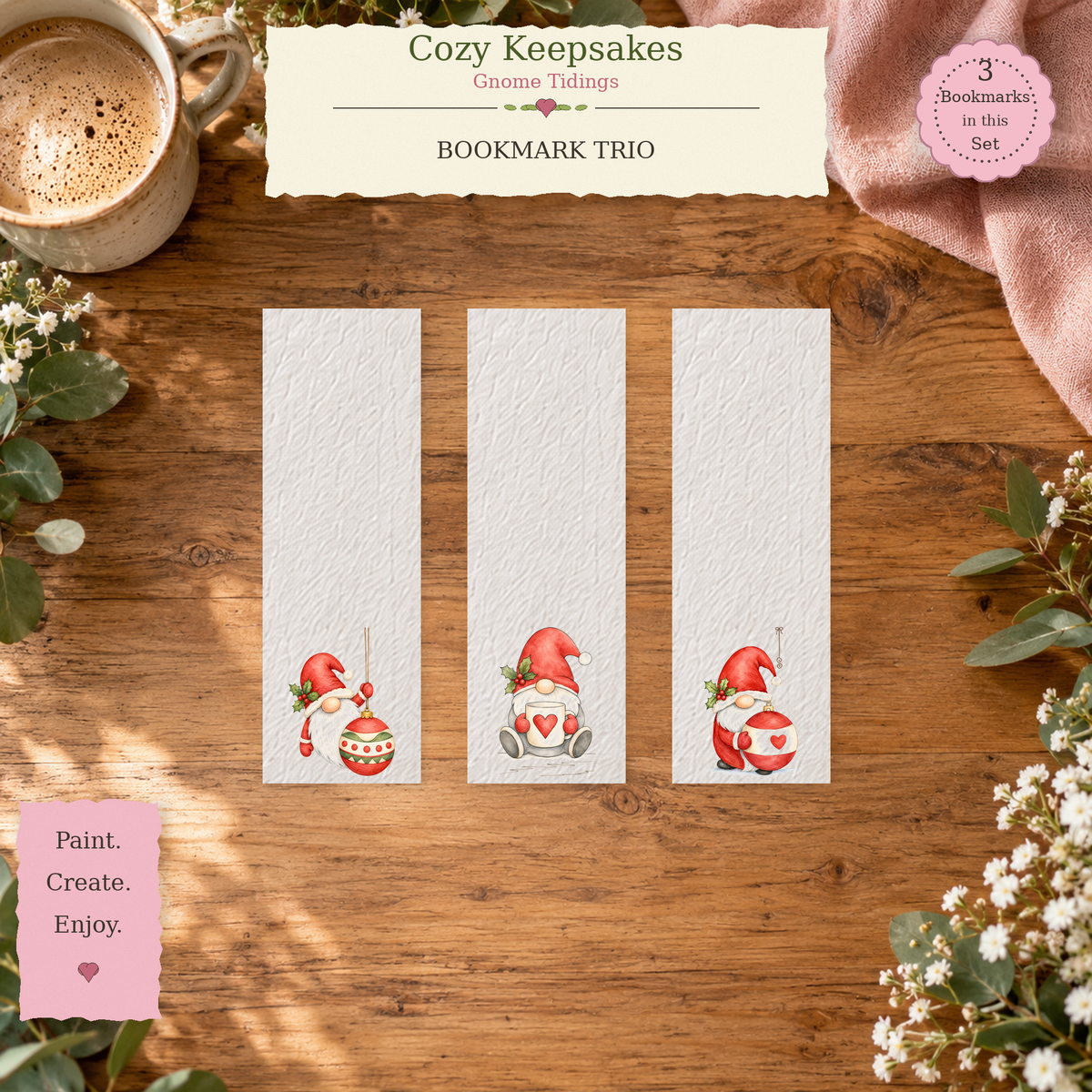 Cozy Keepsakes watercolor bookmark set featuring Cocoa Cuddle, Heartfelt Ornament, and Merry Bauble