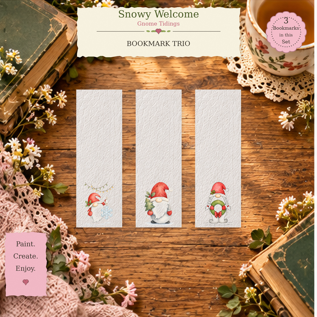 Snowy Welcome watercolor bookmark set featuring Snowflake Swing, Evergreen Errand, and Wreathside Welcome