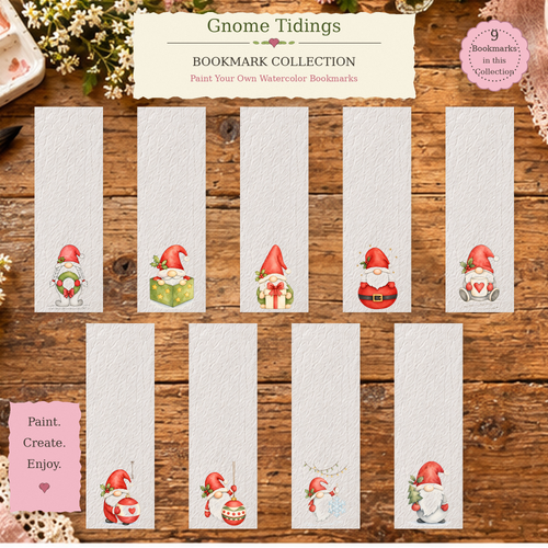 Gnome Tidings complete watercolor bookmark collection with all nine designs