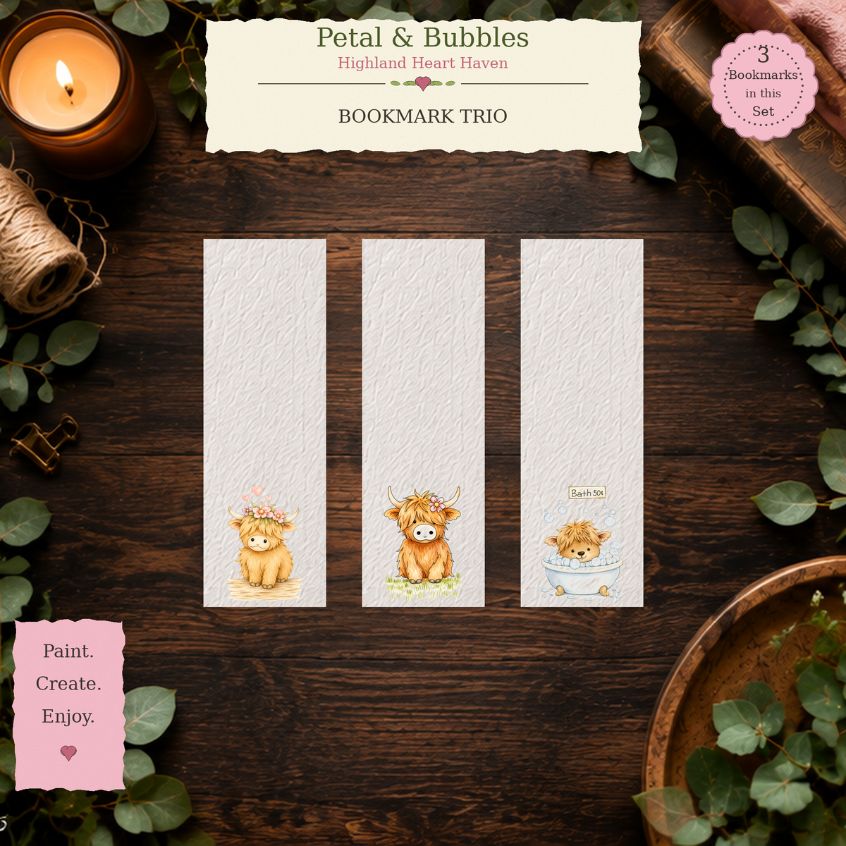 Petal & Bubbles | Highland Heart Haven Watercolor Bookmark Set