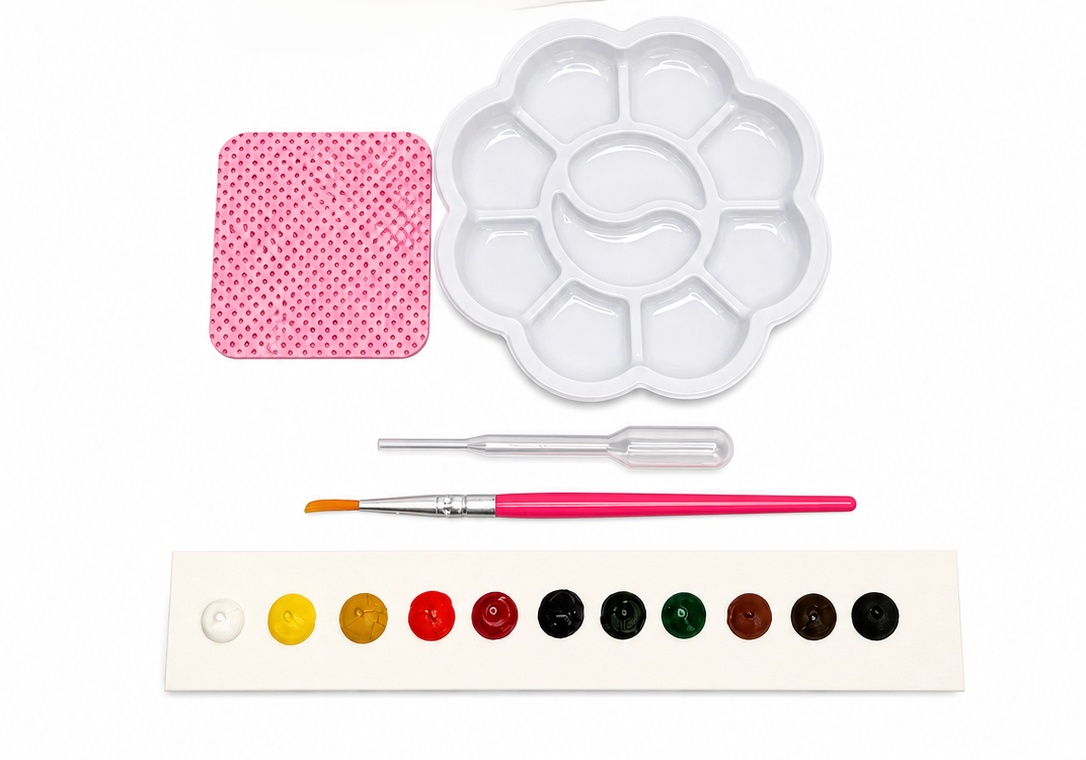 Whimsy Gram watercolor paint kit with paints, brush, pipette, mixing palette, and sponge