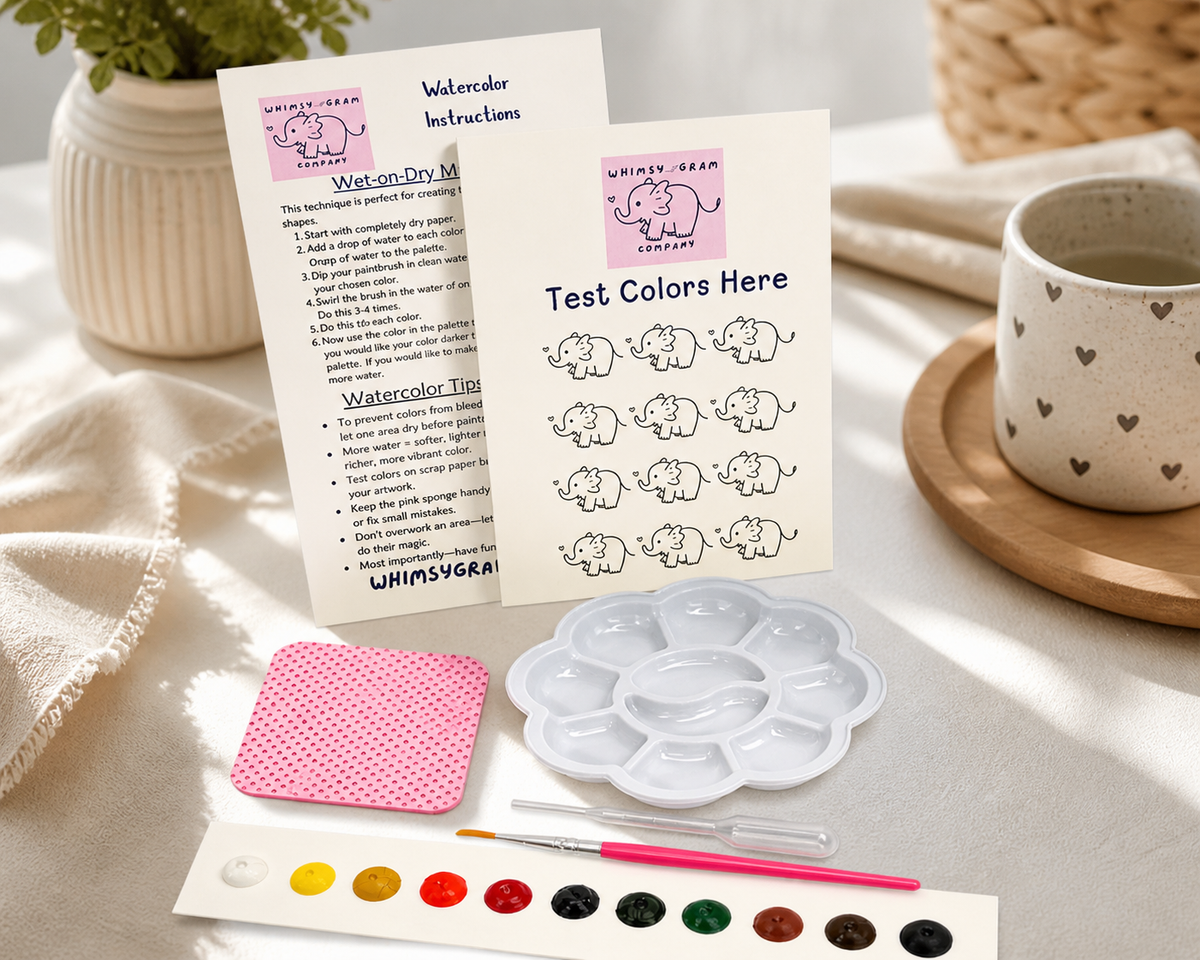 Whimsy Gram watercolor instructions, practice paper, paint colors, brush, pipette, palette, and sponge