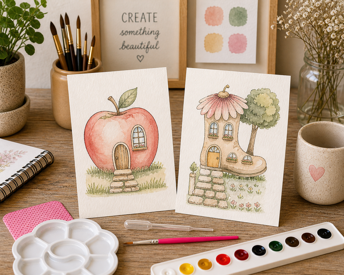 Whimsy Gram watercolor paint kit displayed with finished storybook watercolor paintings