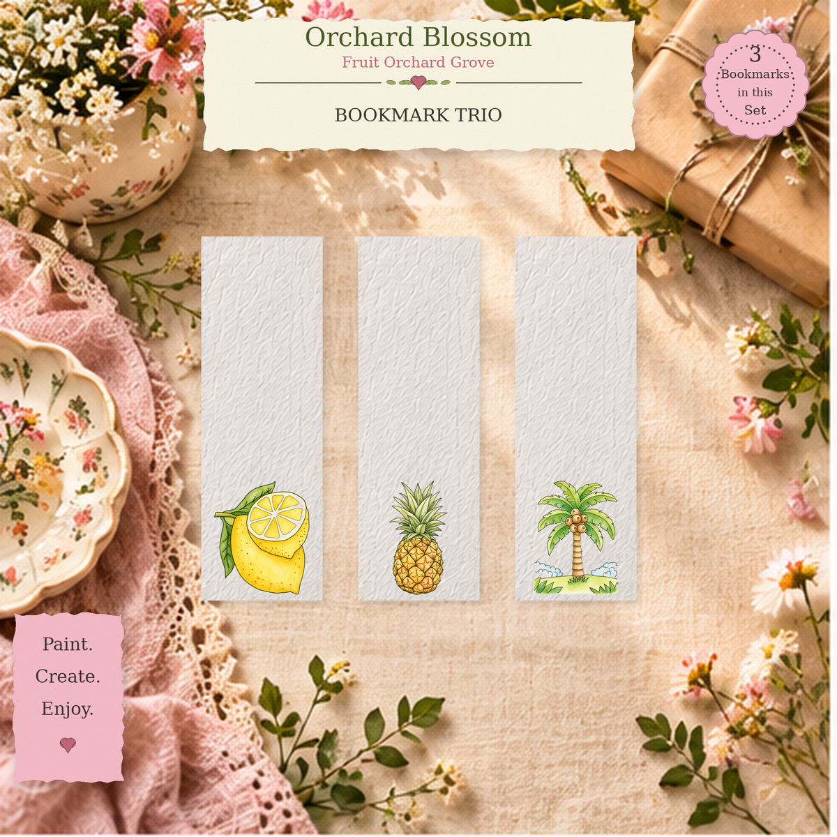 Orchard Blossom watercolor bookmark set from Fruit Orchard Grove, lifestyle view