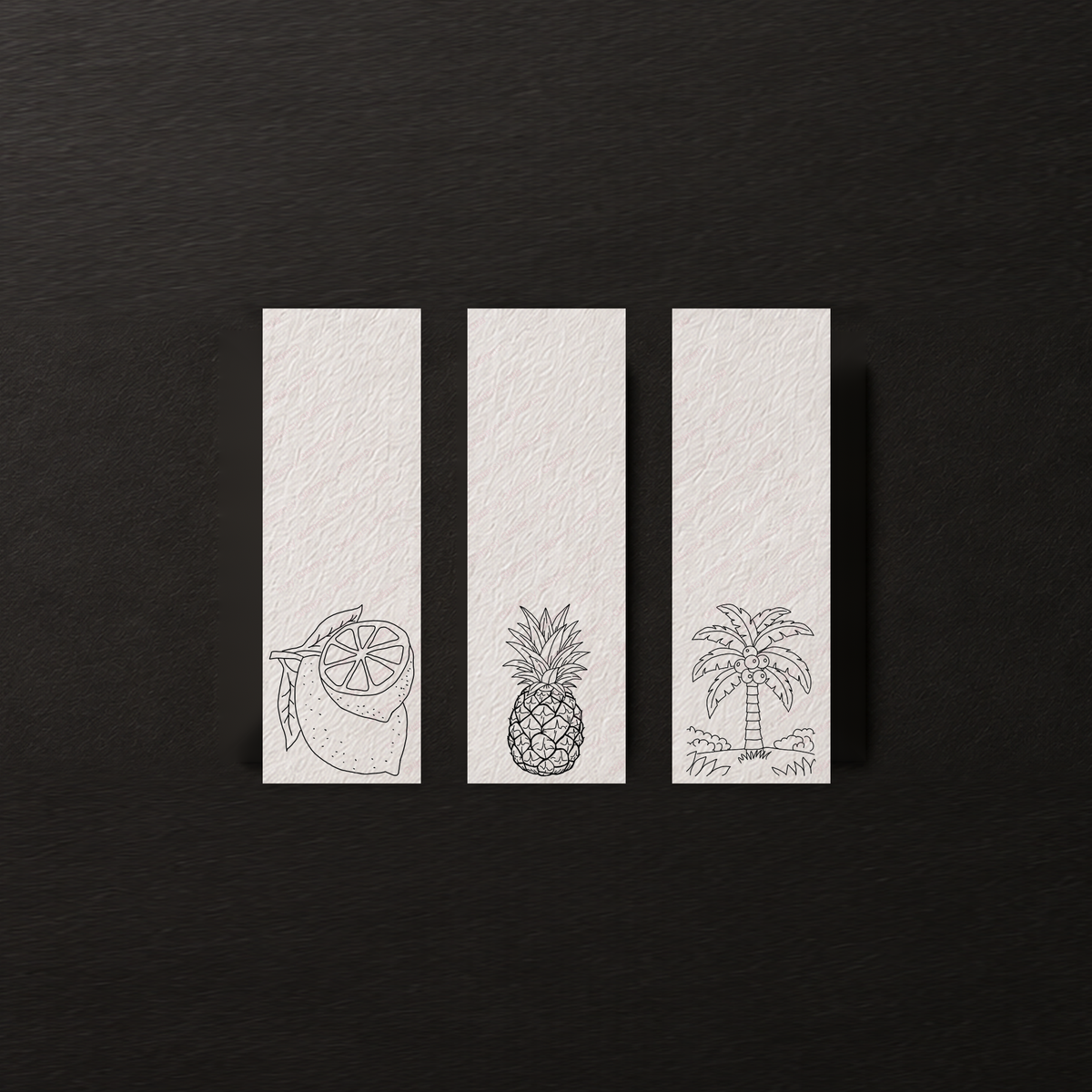 Line-art preview of the three Orchard Blossom bookmark designs, ready to paint