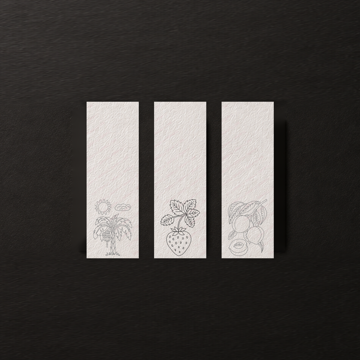 Line-art preview of the three Meadow Harvest bookmark designs, ready to paint
