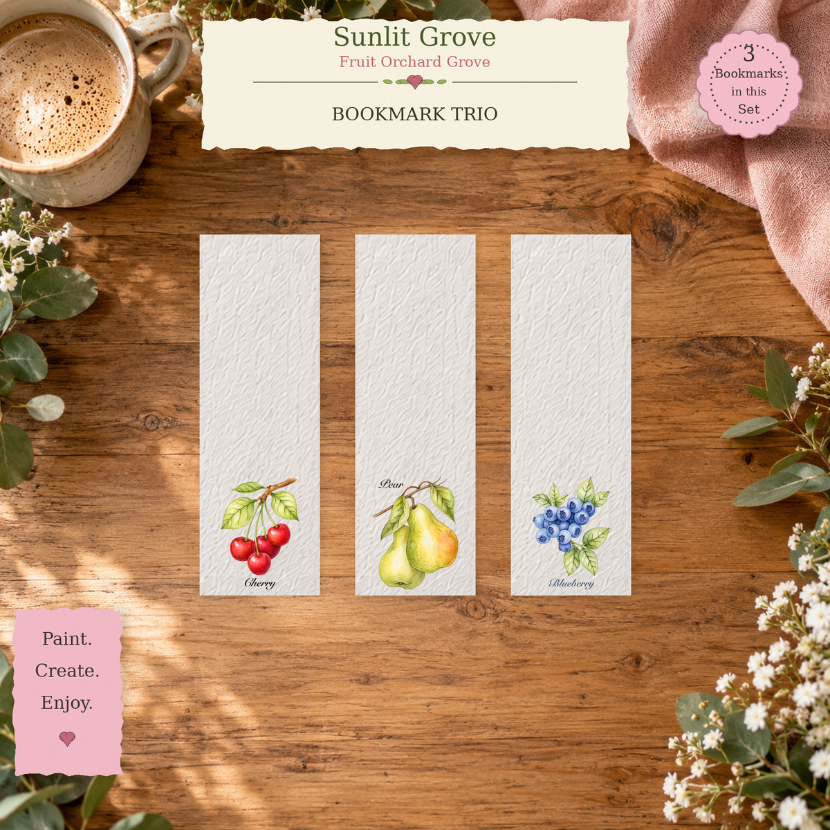 Sunlit Grove watercolor bookmark set from Fruit Orchard Grove, lifestyle view
