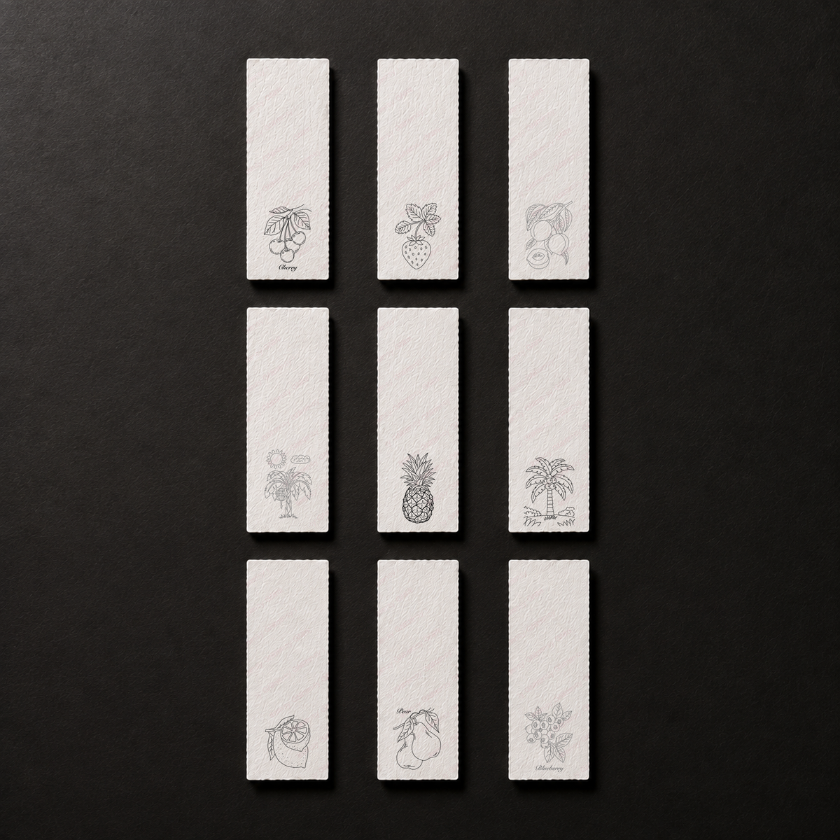Line-art preview of the nine Fruit Orchard Grove bookmark designs, ready to paint