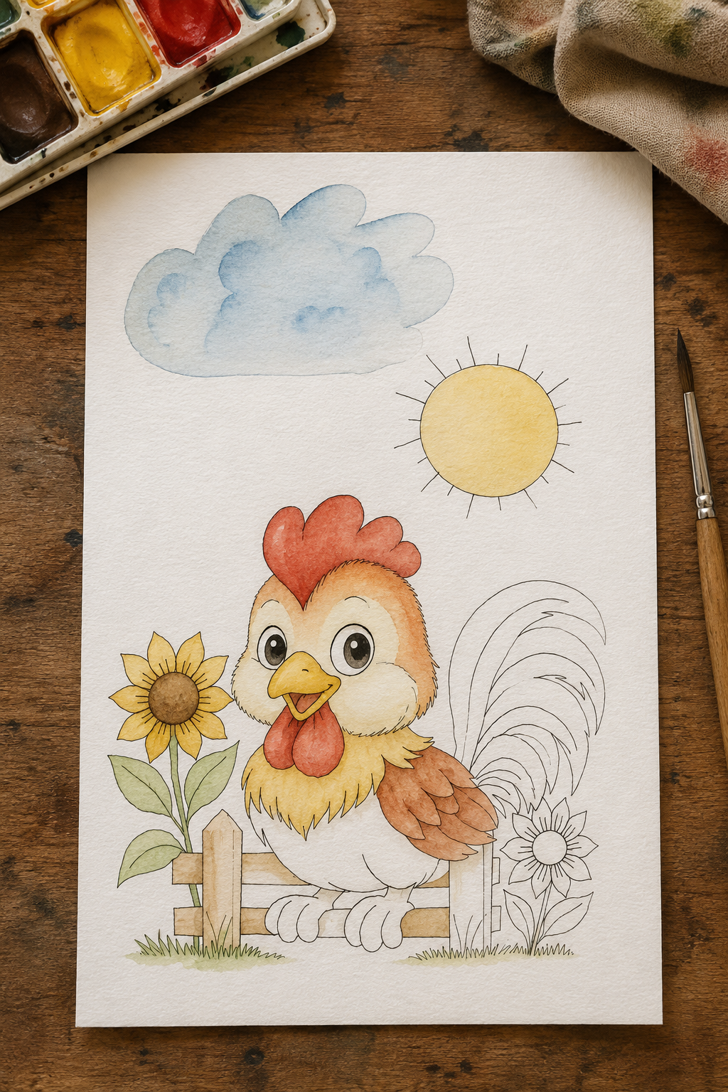 Daisy Garden Chick Paint-Your-Own Watercolor Print | Cozy Chicken Hollow