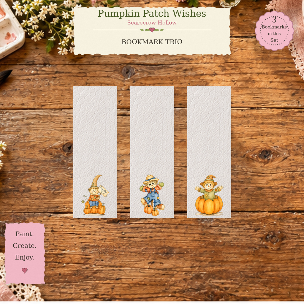 Pumpkin Patch Wishes watercolor bookmark set from Scarecrow Hollow, lifestyle view